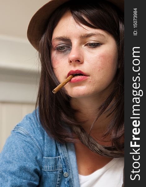 Young Junkie Addict Woman Smoking