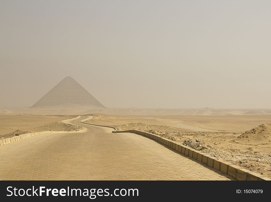 Desert road to the Red Pyramid at Dahshur, Egypt.