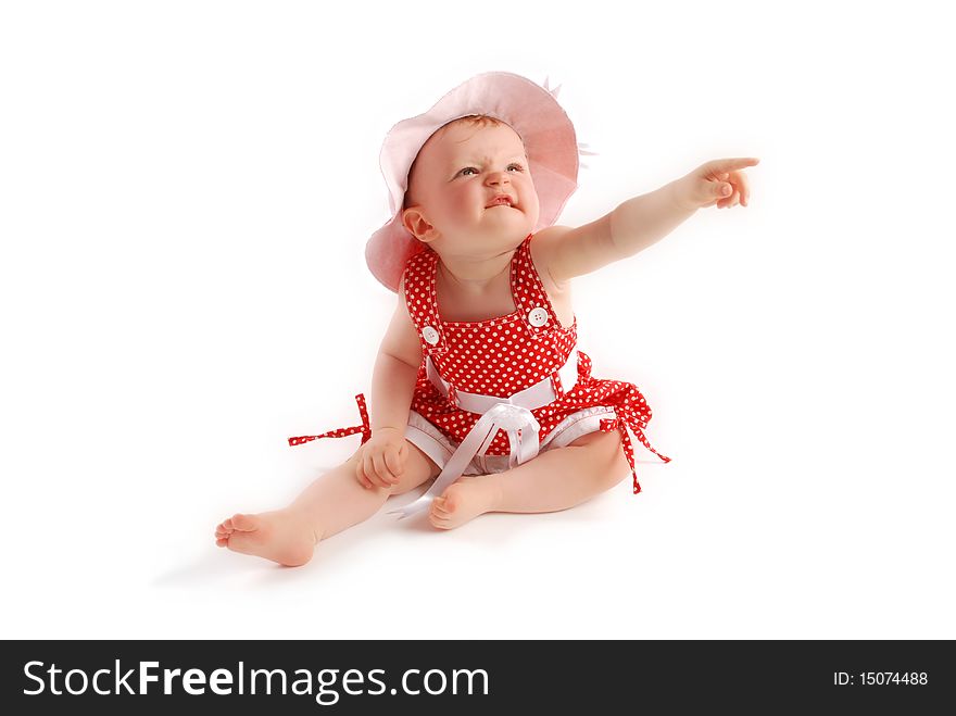 Little baby girl in red dress and hat. Little baby girl in red dress and hat