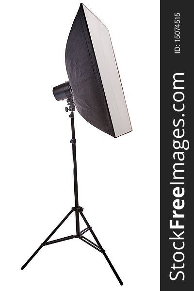 Studio flash and soft box isolated on white background
