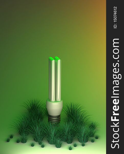 Concept for environment friendly light bulbs. around the economic bulb grows new green grass suggesting that this is a nature friendly light source.