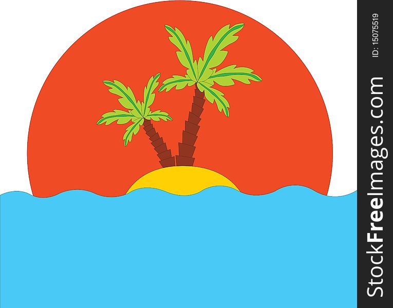 Tropical palm on island in ocean with sunset.  illustration