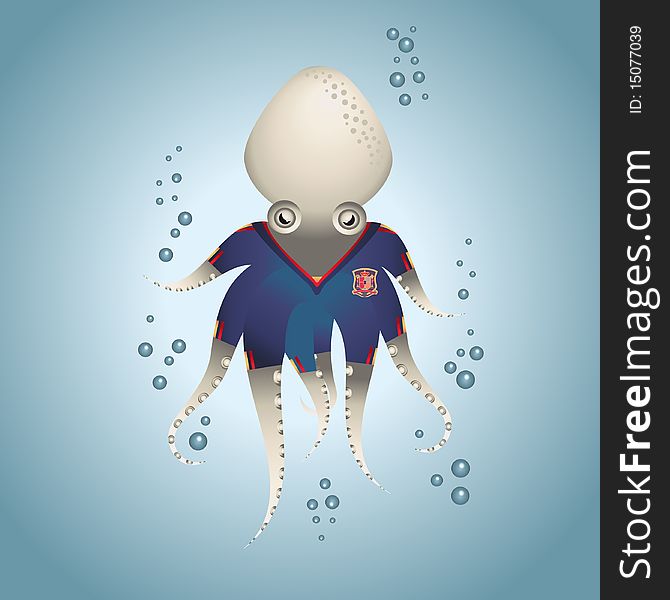 Octopus with spain football shirt in color blue under the sea swim with bubbles. Octopus with spain football shirt in color blue under the sea swim with bubbles