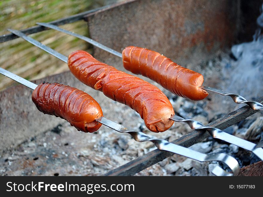 Juicy, tasty Hot dogs fried on broach on picnic. Juicy, tasty Hot dogs fried on broach on picnic