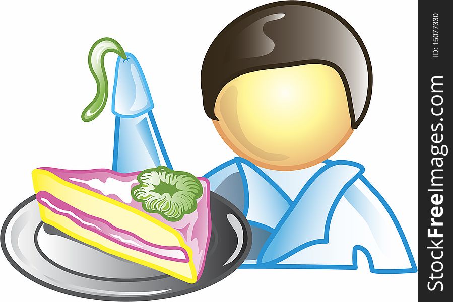 Illustration of a cake decorator icon holding a slice of cake. This icon is part of the food industry icon collection.