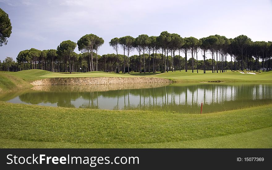 Panorama of golf club, green grass