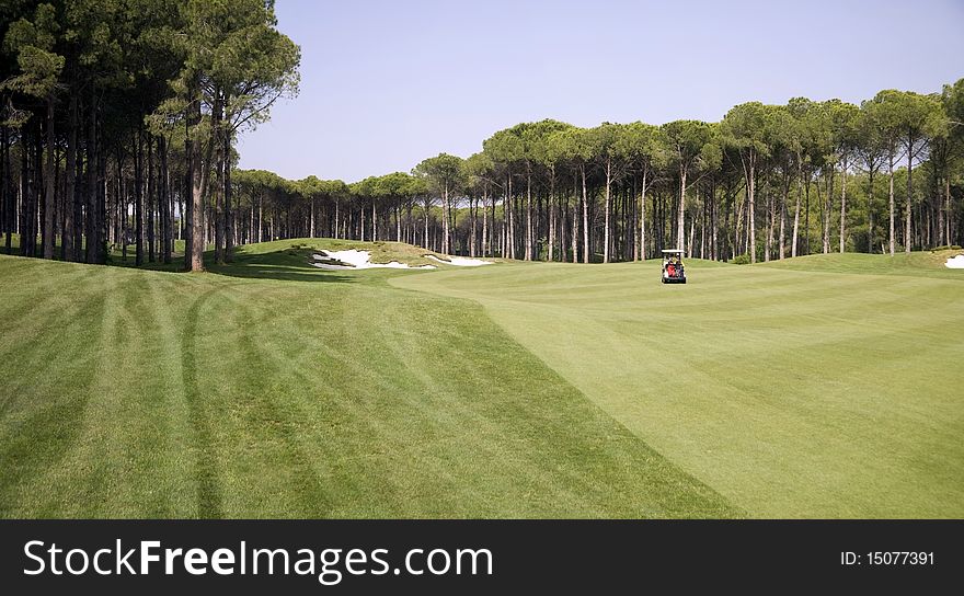 Panorama of golf club and golf car