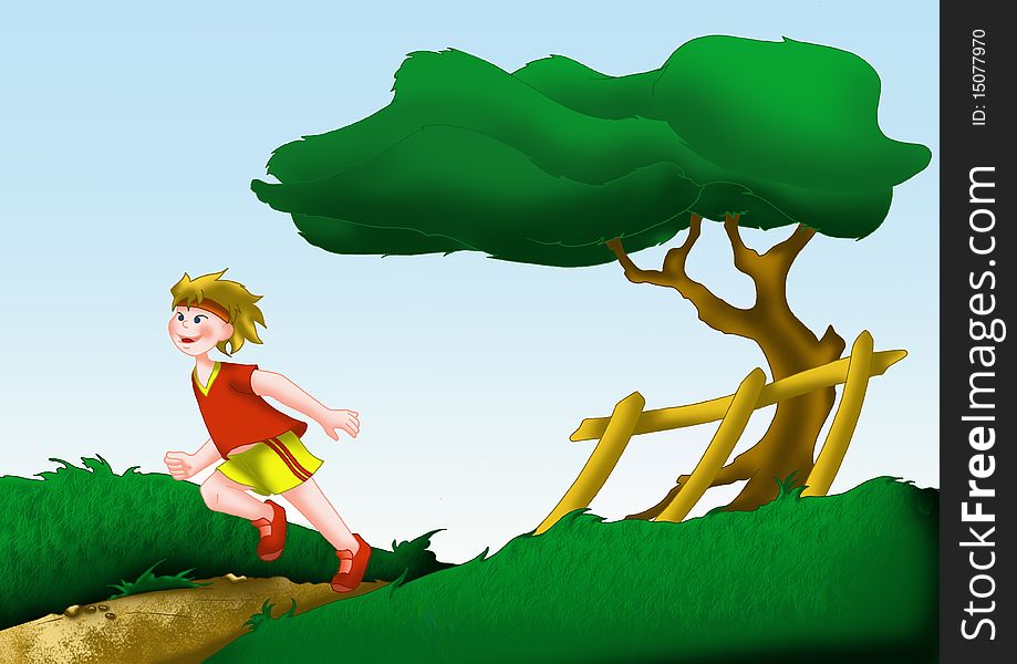 Color illustration of running carefree and happy a guy in the woods and nature under a clear sky. Color illustration of running carefree and happy a guy in the woods and nature under a clear sky