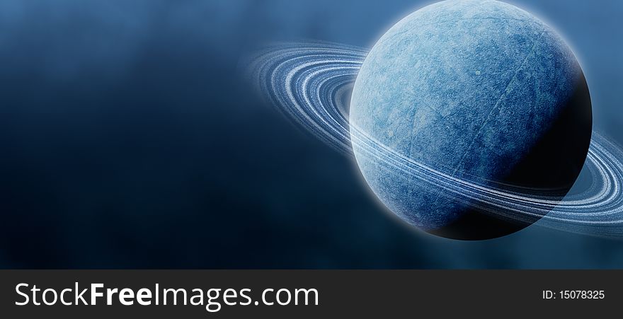 A frozen ice planet with rings against a cloudy sky background, panorama. A frozen ice planet with rings against a cloudy sky background, panorama.