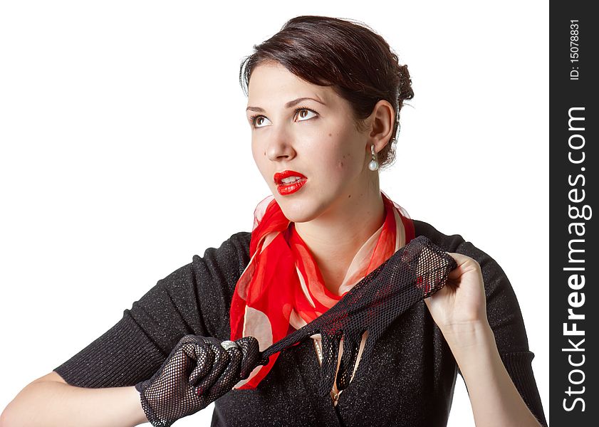 The young woman pulling a glove. The young woman pulling a glove