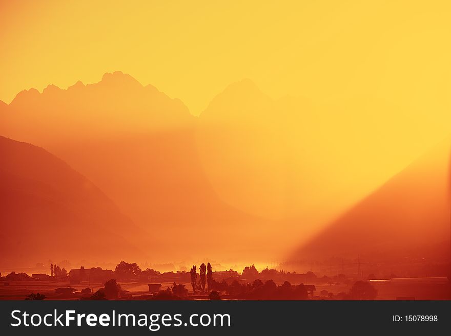 Alpine sunrise in tyrol, in middle of the herat of austria.