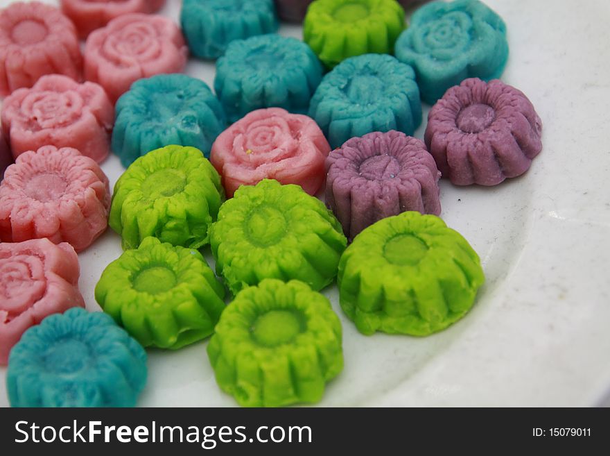 Colorful traditional Thai style dessert made from flour egg and sugar