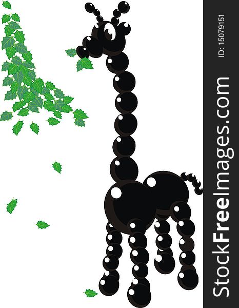 Black beads giraffe and green leaves - isolated vector illustration