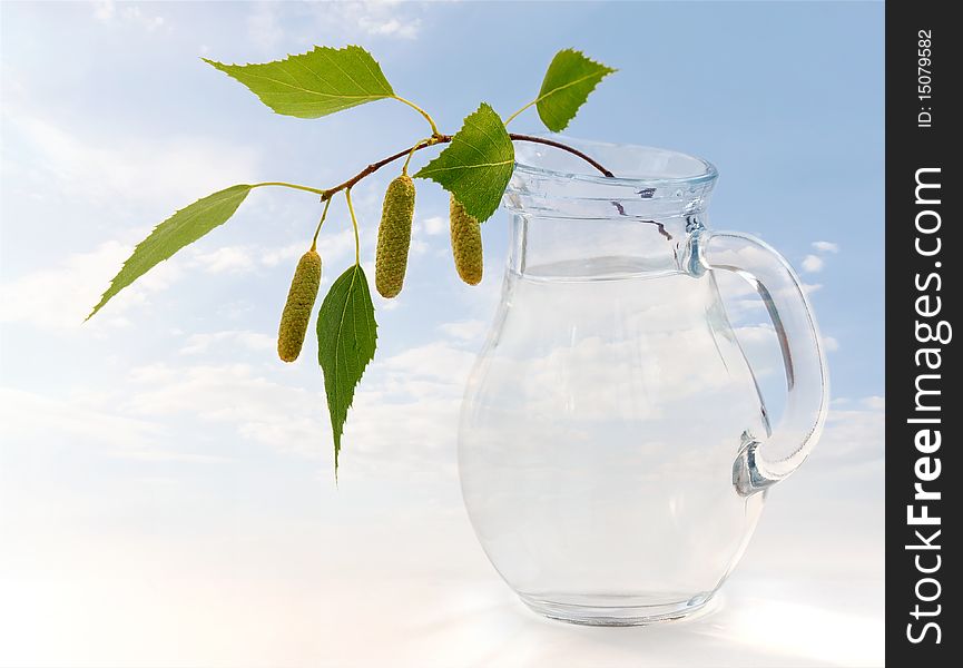 Branch of a birch in a jug with water on a background of the sky. Branch of a birch in a jug with water on a background of the sky.