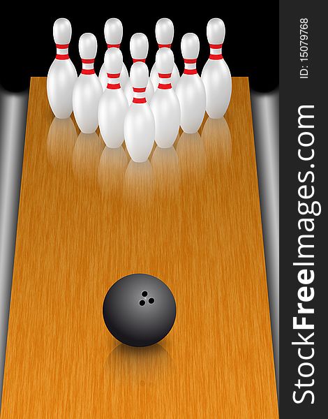 A render of a bowling ball in front of standing pins