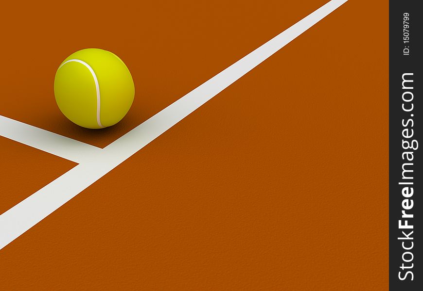 A render of a tennis ball on the ground near the court lines