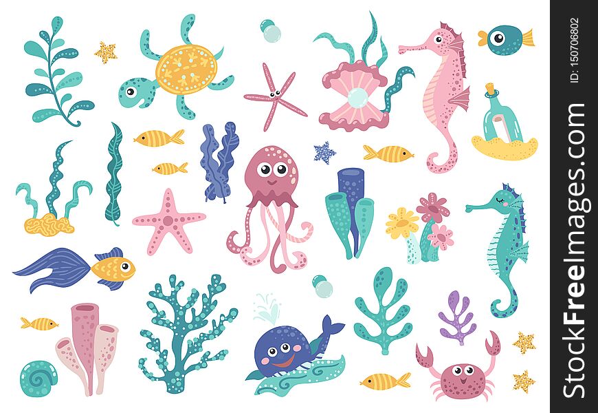 Set of marine plants and aquatic inhabitants. Vector illustration for your design