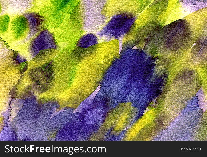 Abstract colorful watercolor splashes, drops, brush smears background. Hand painted green, purple texture for covers, packaging and wallpaper