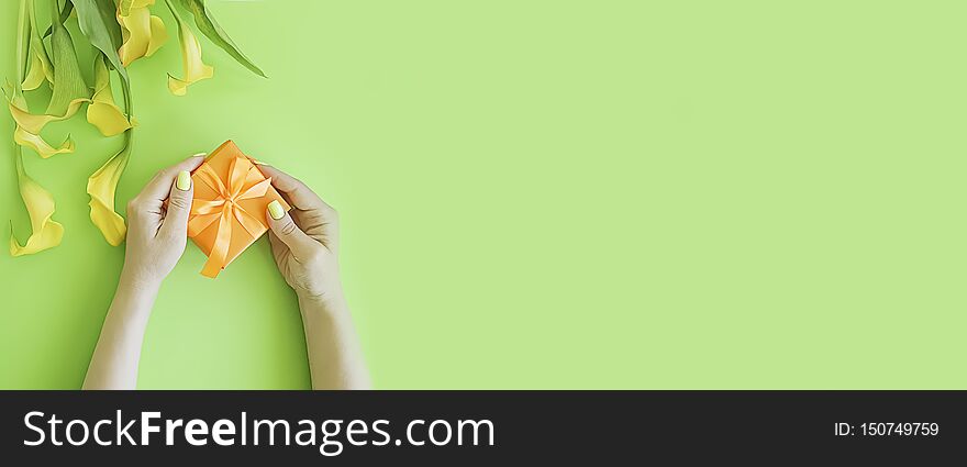 Female hands hold a flower gift box on a colored background