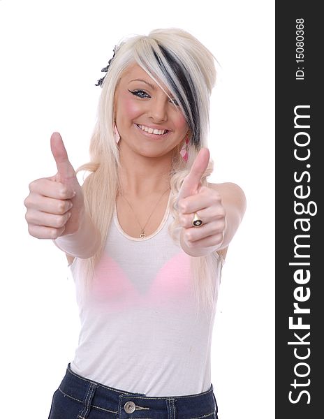 Sexy young blond girl thumbs up