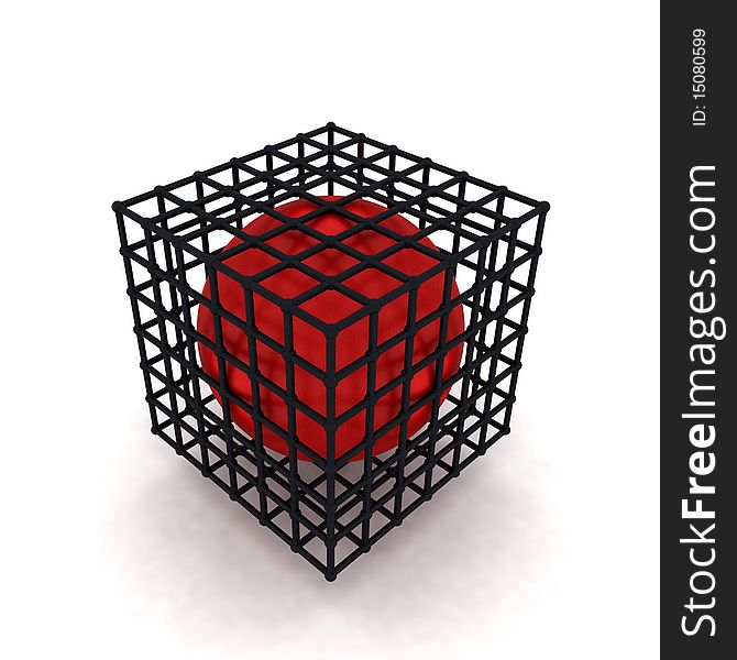 3d red ball inside a black cube on white background. 3d red ball inside a black cube on white background