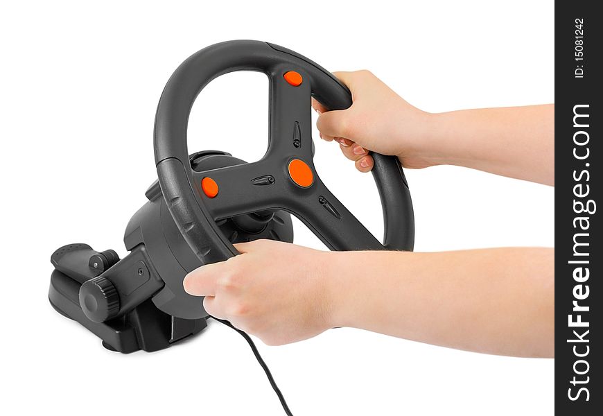 Computer steering wheel and hands isolated on white background