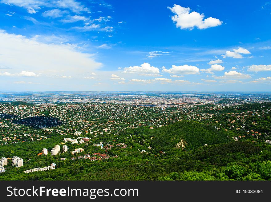 Green forest, big town and blue sky. Green forest, big town and blue sky