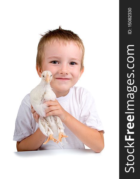Funny boy with chicken, isolated on a white background