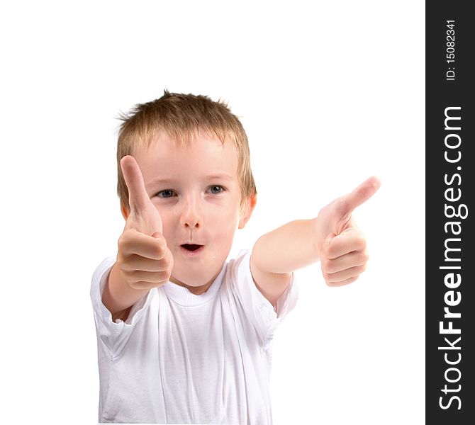 Two thumb up, portrait of  boy on a white background