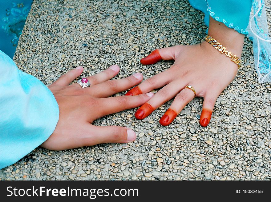 Two hand bride with rings in wedding day