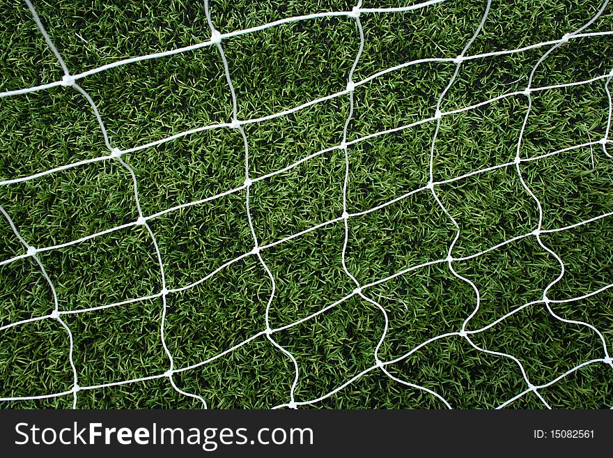 The soccer net on green grass