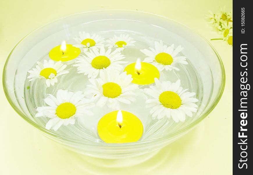 Spa lit candles daisy flowers health-care treatment. Spa lit candles daisy flowers health-care treatment