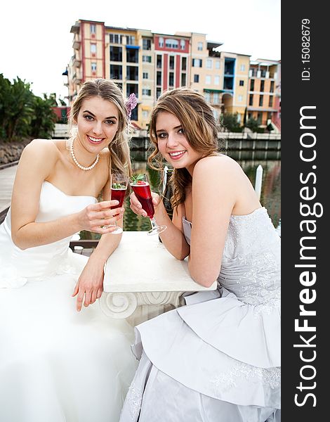 Two attractive young women are wearing formal attire and sitting on a dock sharing a drink. Vertical shot. Two attractive young women are wearing formal attire and sitting on a dock sharing a drink. Vertical shot.