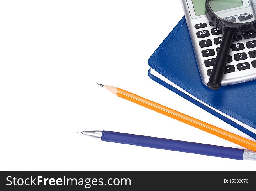 Notepad and school accessory on white