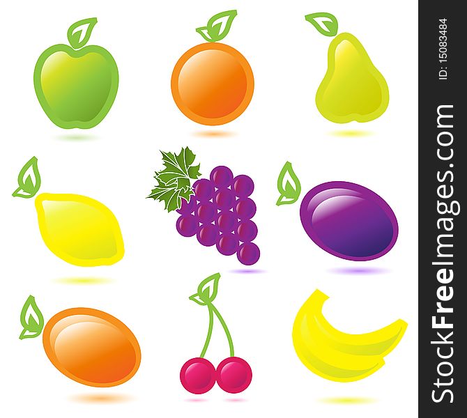 Illustration, nine miscellaneouses fruit on white background. Illustration, nine miscellaneouses fruit on white background