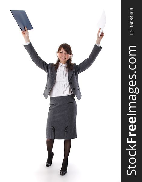 Pretty joy business woman celebrating success over white background. Pretty joy business woman celebrating success over white background