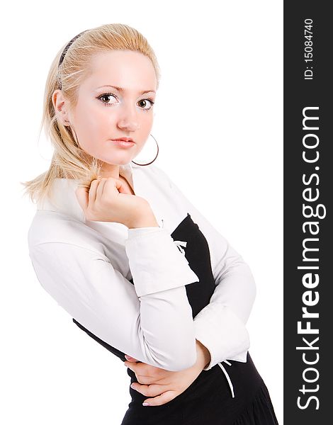 Young Blonde In A Blouse With On White Background