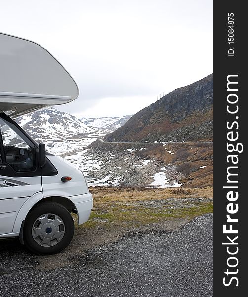 A modern motorhome on trip in norwegian mountains. A modern motorhome on trip in norwegian mountains