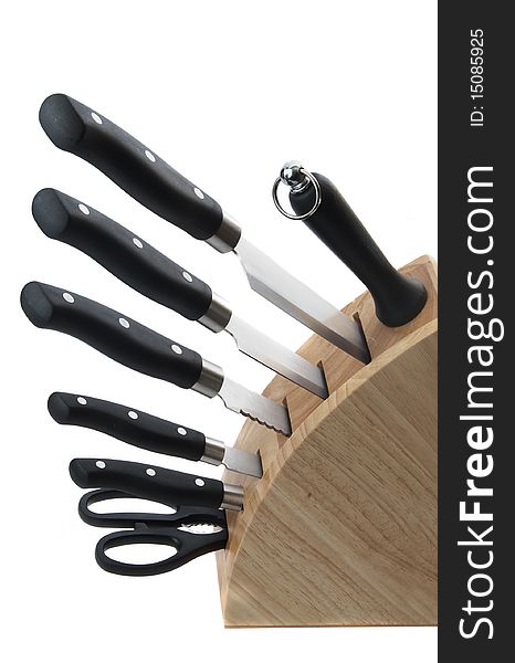 Collection of kitchen knives isolated on white background