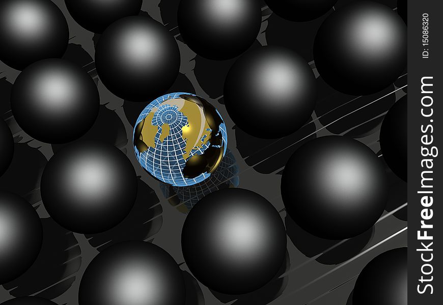 Earth ball and black balls on black reflective background. Earth ball and black balls on black reflective background.