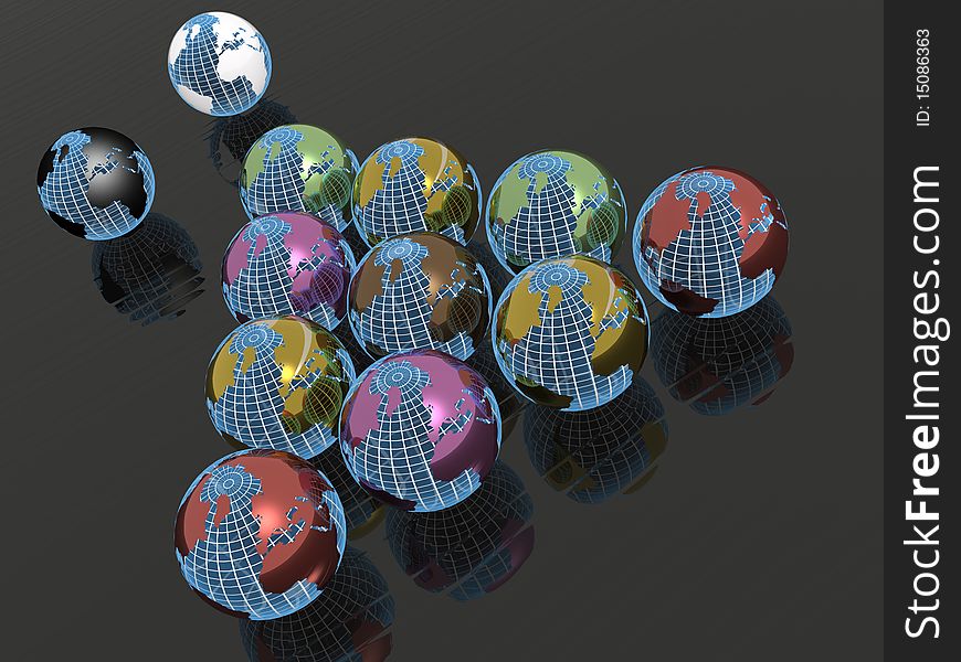 Set of colored earth balls on black reflective background.