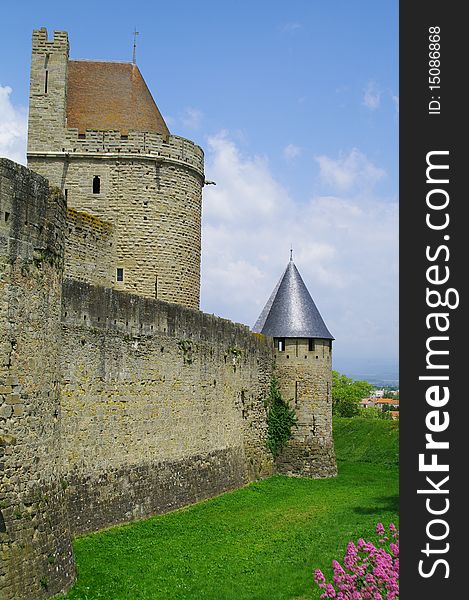 Tower and rampart of fortified city of carcassonne in languedoc,.