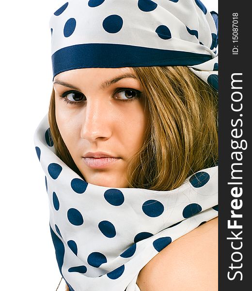 Beauty young girl in blue polka dot kerchief. Beauty young girl in blue polka dot kerchief