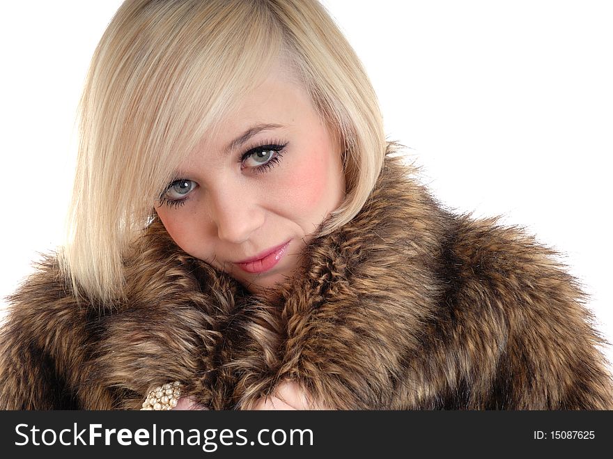 Photograph showing pretty blond woman holding fur coat isolated. Photograph showing pretty blond woman holding fur coat isolated