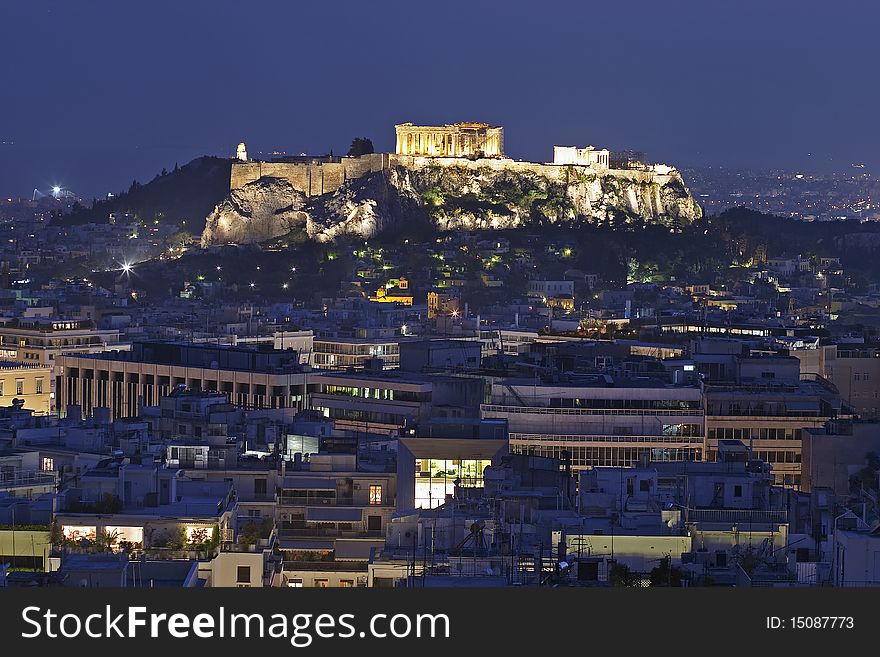 The Acroplis in Athens, seen from the Lycabetus hill at night. The Acroplis in Athens, seen from the Lycabetus hill at night