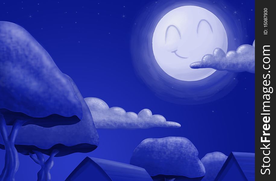 This is an illustration of a night sky where a bright little moon is beaming over a neighborhood. This is an illustration of a night sky where a bright little moon is beaming over a neighborhood
