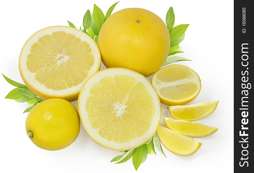 Group of yellow lemons and grapefruits with green leafs isolated on white with clipping path. Group of yellow lemons and grapefruits with green leafs isolated on white with clipping path