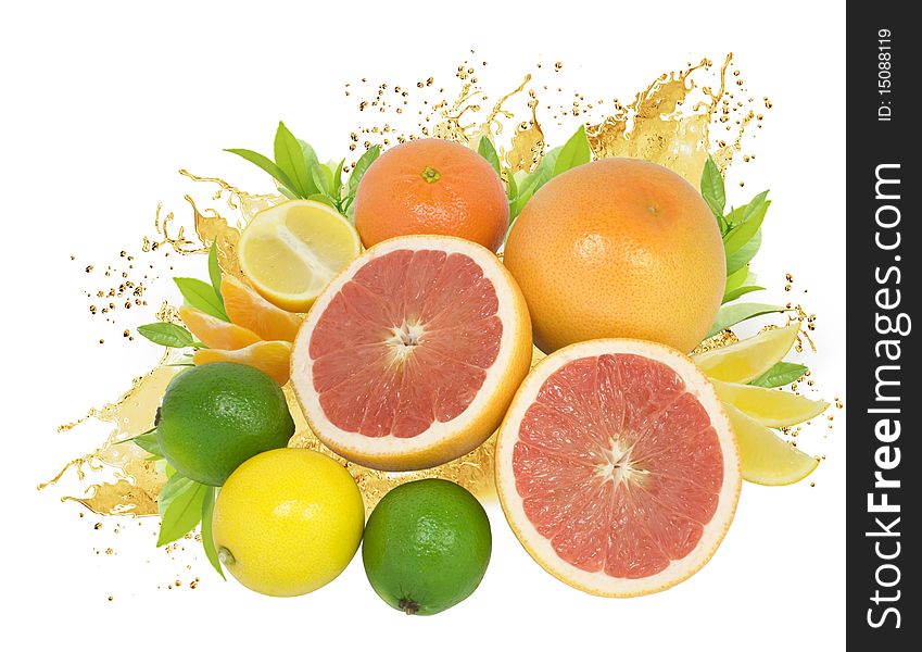 Fresh nice citrus fruits with leaves and juice drops isolated on white. Fresh nice citrus fruits with leaves and juice drops isolated on white