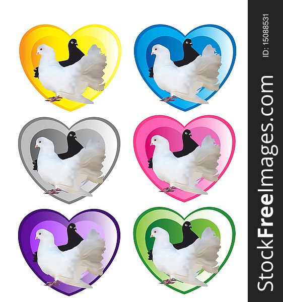 Two doves on the background of multi-colored hearts