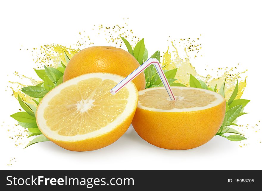 Nice fresh orange with leaves, juice splashes and straw isolated on white. Nice fresh orange with leaves, juice splashes and straw isolated on white